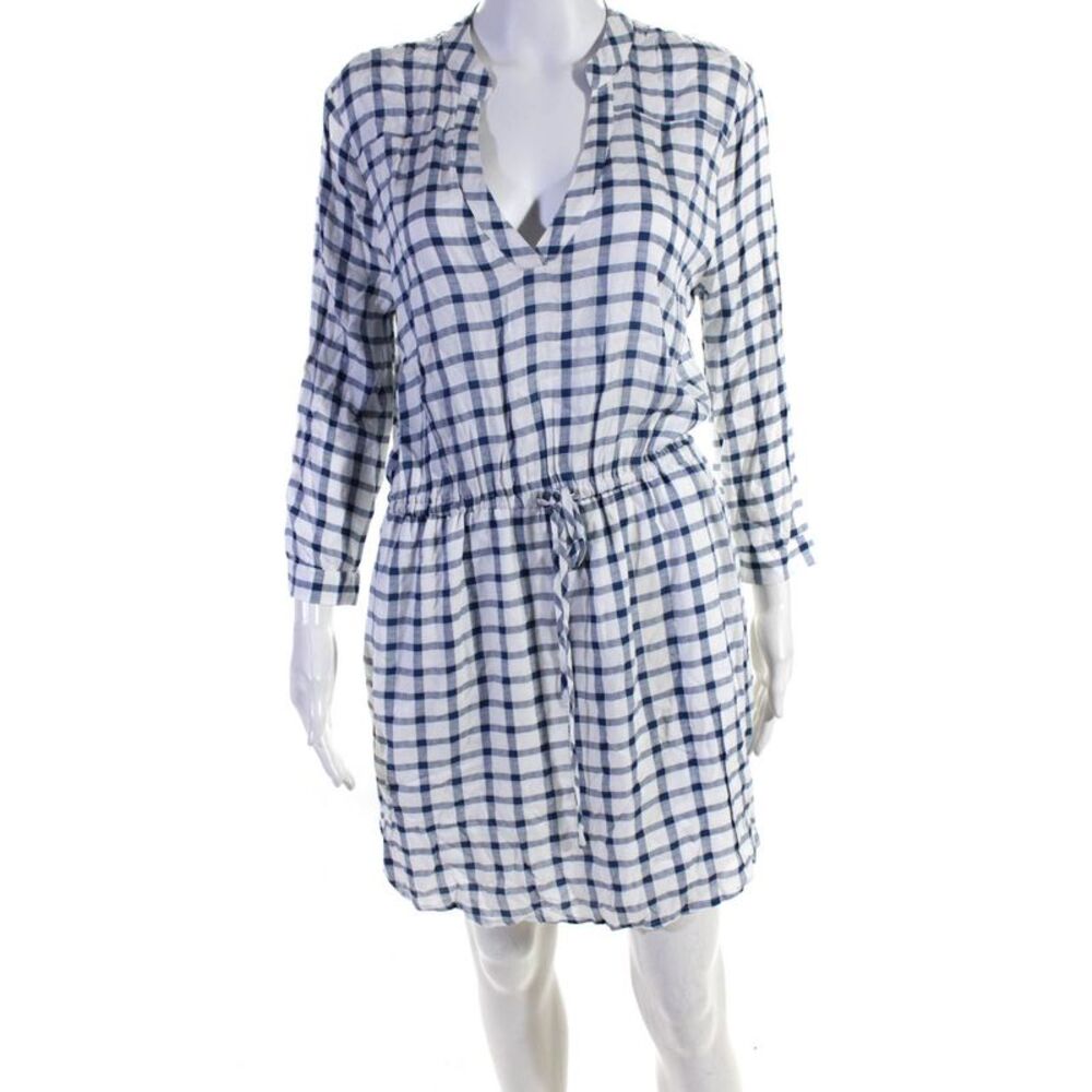 BB Dakota Womens Check Print Drawstring Waist Blouson Dress White Blue Size M